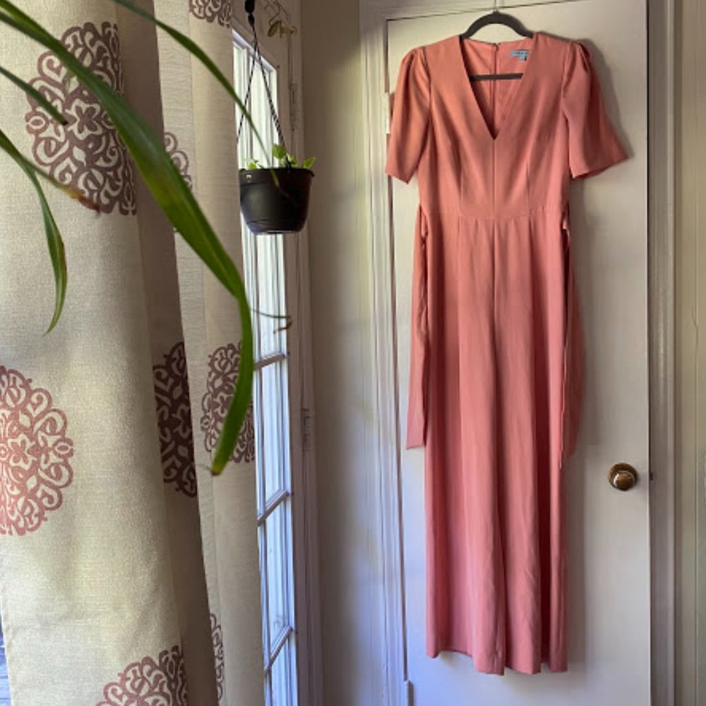 ANTONIO MELANI Pink and Cream Jumpsuit with V-Neck and Tie Belt - Picture 2 of 12